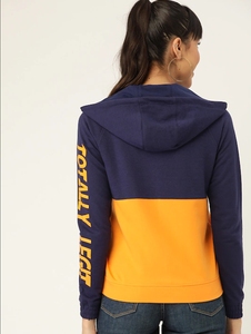 Sudadera con capucha y cremallera para mujer, con bloques de color, azul marino y naranja, de manga larga, tejida, transpirable, para uso casual de otoño - Product Image 2