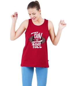 Débardeur rouge pour femme, imprimé « Pain Is Fuel » et haltères, col rond, sans manches, gilet de sport respirant en coton tricoté avec logo frontal - Product Image 1