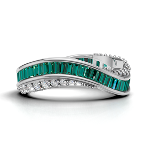 18K Gold Green Baguette Cut Eternity Ring with Round Pave Stones Luxury Statement Band - Product Image 2