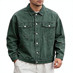 Veste en jean décontractée pour homme, vert foncé, col rabattu, boutonnée, avec poches - Product Image 5
