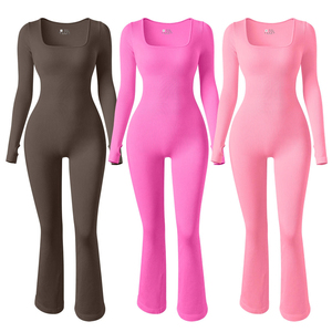 Mono de punto de manga larga con cuello cuadrado para mujer, de cintura alta, color liso, ajuste ceñido de longitud completa, control de abdomen y efecto moldeador. - Product Image 2