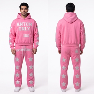 Custom Pink <b>Y2K</b> Streetwear <b>Tracksuit</b> Rhinestone Star Hoodies flared Sweatpants Set Heavyweight Fleece Unisex Two Piece Suits - Product Image 1