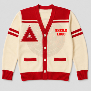 Cardigan grec vintage en chenille rouge et blanc cassé, col en V, décontracté, en laine/acrylique, broderie unie, pour l'hiver, personnalisé pour la sororité Delta - Product Image 1