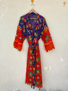 ชุดกิโมโนลายการ์ตูนพิมพ์ลายด้วยมือ ดีไซน์ไม่ซ้ำใคร ชุดนอนผ้าฝ้าย 100% คอวี เอวยางยืด สำหรับฤดูร้อน - Product Image 5