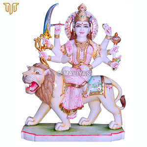 Marble Durga Maa Statue on Lion | Pink Attire Durga Mata Murti with Bow, Sword and Ornate Crown by MALIYAS Jaipur - Product Image 2
