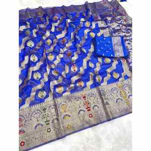 Designer Organza <span class=keywords><strong>Gold</strong></span> Zari Weefwerk <span class=keywords><strong>Saree</strong></span> Wi9th Ongestikte Blouse Blauw - Product Image 1