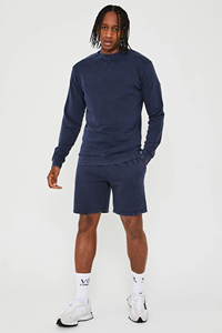 Ensemble T-shirt col rond et short en coton délavé pour homme – Tenue décontractée d'été respirante en maille unie - Product Image 2