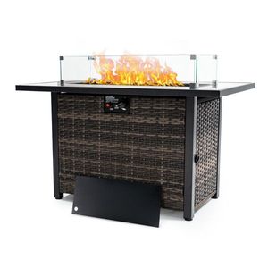 Mesa de fuego de gas propano de 50,000 BTU, brasero exterior con tapa, protector de viento de vidrio para chimenea, base de mimbre para jardín, patio y patio trasero - Product Image 1