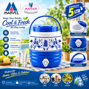 เหยือกน้ำพลาสติกเก็บความเย็นพร้อมก๊อก 5 ลิตร สีน้ำเงินขาวสไตล์เรโทร - Product Image 3