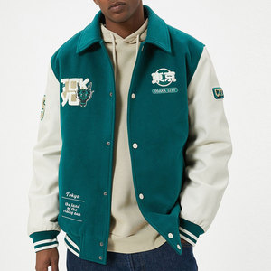 Veste universitaire pour homme, verte et blanche, avec broderie de patchs de Tokyo et d'Osaka, col montant, coupe classique, style décontracté, 100% laine - Product Image 1
