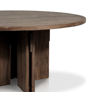 Table de salle à manger moderne en bois d'acacia massif, forme ronde, design ligné, finition marron, avec nouvelle base à double pieds, pour la maison et la cuisine - Product Image 6
