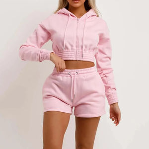 Nouveauté été, vêtements pour femmes, ensemble assorti rose en deux pièces, sweat à capuche court avec fermeture éclair et short - Product Image 4