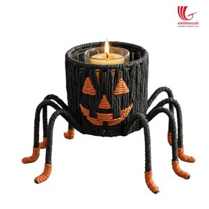 Viettimecraft Straw Halloween Spider Candle Holder, Handmade Black Orange Decorative Craft Party Decoration - Product Image 1