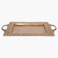 Plateau de service rectangulaire de luxe en argent avec élégantes poignées florales, en acier inoxydable, finition miroir décorative