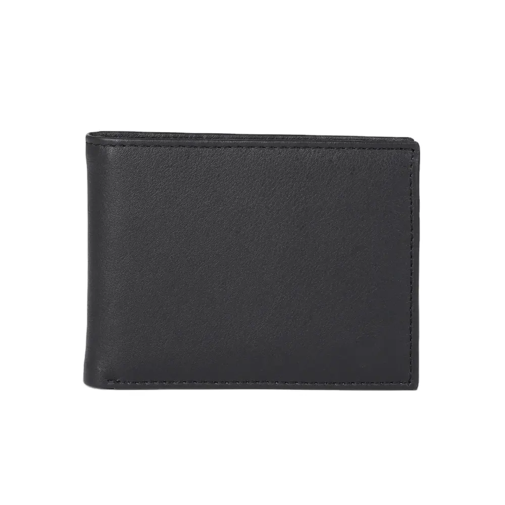 กระเป๋าสตางค์หนังสำหรับผู้ชาย,กระเป๋าเงินหนังแท้สองพับสีดำล้วนมีช่องใส่ธนบัตรและเงินสด