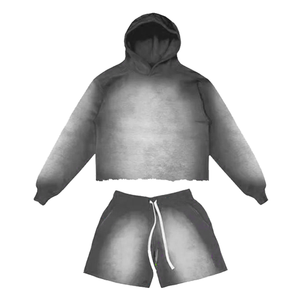 Conjunto de pantalones cortos con capucha lavados con ácido de algodón 100% de alta calidad, prendas de vestir exteriores de verano, logotipo personalizado de secado rápido lavado con aerosol desteñido por el sol - Product Image 1