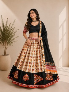 Ensemble Lehenga Choli Dupatta en pur coton Patola pour femmes, longueur au sol, séchage rapide, tenue ethnique indienne pakistanaise pour mariage, pour adultes - Product Image 1