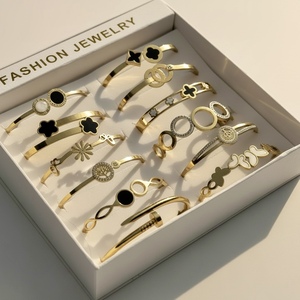 Pulseras de Moda en Oferta, Chapadas en Oro de 18K, de Acero Inoxidable para Mujer, Diseño Geométrico, Juego de 12 Piezas, Elegante para Bodas - Product Image 1