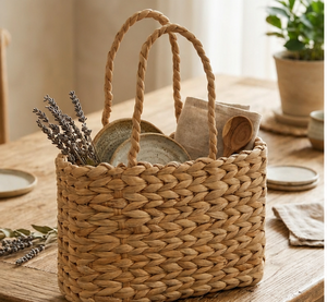 Panier de rangement moderne en jacinthe d'eau naturelle tressée avec poignée tressée pour organisateur de cuisine - Product Image 3