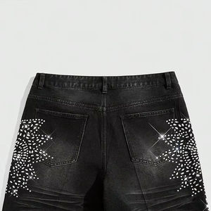 Short en jean pour homme personnalisé, style streetwear hip-hop, avec strass, coupe baggy, effet vieilli, délavé à l'acide, fabrication OEM - Product Image 5
