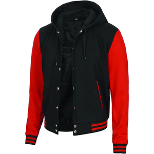 <b>Men's</b> Black Red Color Block Varsity <b>Jacket</b> Hooded Casual Cotton Polyester Sleeve Regular Fit Autumn Wear - Product Image 2