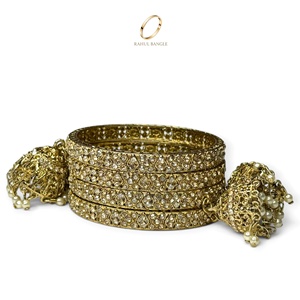 Brazaletes Jhumka Kashmiris de Acero Inoxidable Indio de Primera Calidad, Elegantes Brazaletes Chapados en Oro con Piedras de Cristal para Mujer, Joyería Nupcial - Product Image 3