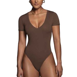 บอดี้สูทผู้หญิงแบบใหม่ล่าสุด แขนสั้น สีพื้น พิมพ์โลโก้ได้ตามต้องการ คอวี สำหรับฤดูร้อน - Product Image 5