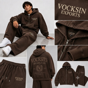 Ensemble de survêtement Vocksin marron surdimensionné avec sweat à capuche zippé pour homme, en coton épais de qualité supérieure, coupe large, idéal pour l'hiver - Product Image 4