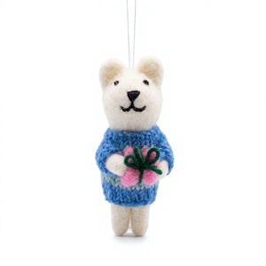 Handmade Eco-Friendly Needle <b>Felted</b> Bear <b>Ornament</b> with 100% Wool Pink Flower Blue Sweater Cartoon Animal <b>Christmas</b> Decoration - Product Image 2