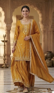 Ensemble Sharara en Soie Mousseline Pure avec Broderie Lourde, Entièrement Cousu, Bordure Fantaisie, Dupatta, Robe de Soirée Designer MW 5063 - Product Image 2