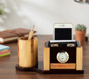 Elegant Analog Office Table Phone Holder Luxury Quartz Type Wooden Pen Stand Customized Desktop Decoration Gift for Employees - Product Image 1
