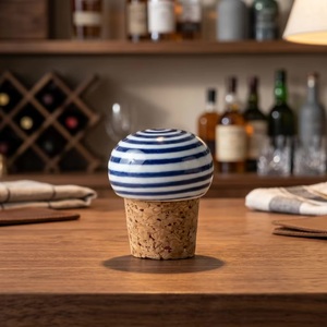 Eco-Friendly <b>Beads</b> Art Ceramic Corks Bottle <b>Stopper</b> with Blue White Stripes and Cork Base for Wine Sealing - Product Image 1