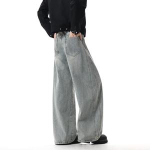 Men's Winter Mid-Waist Cleanfit Retro Washed Denim Pants – Light Blue Distressed Wide Leg Cotton <b>Jeans</b> - Product Image 6
