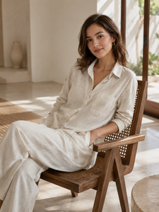 Women Beige <b>Linen</b> Two Piece Solid Top Long Sleeve Button Front Shirt Loose Wide Leg Long Pants Summer Casual Beach <b>Set</b> Wholesale - Product Image 6