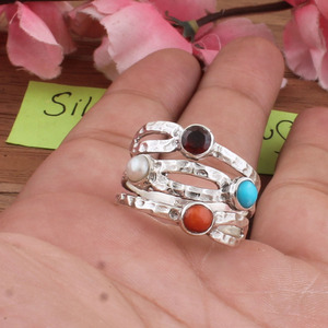 Bague de mariage côtière pour femme en argent sterling 925 avec sertissage clos corail turquoise et pierres précieuses multiples, vente en gros - Product Image 6