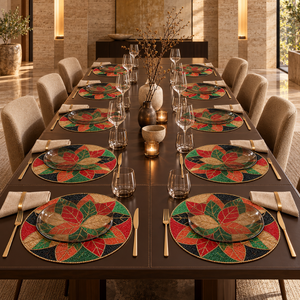 Multi Color Botanical Leaf Glass Beaded <b>Round</b> Modern Handmade <b>Placemat</b> with Red Green <b>Gold</b> Design | Luxury Dining Decor - Product Image 2