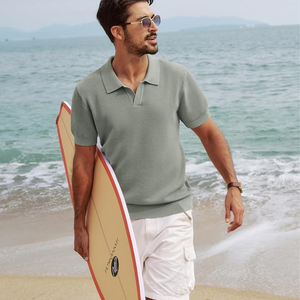 <b>Men's</b> Olive Green Short Sleeve Knitted Polo Shirt Solid Color Casual Breathable Regular Fit Collared Design - Product Image 3