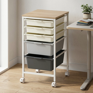 Meuble de rangement domestique : Commode de rangement en plastique à 5 niveaux avec étagère en bois pour armoire, design moderne, revêtement poudré, gain de place - Product Image 1