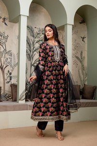Vestido Anarkali Kurti con Estampado Floral para Mujer, con Pantalón y Dupatta con Borde de Encaje, Conjunto Tradicional Indio para Ocasiones Especiales - Product Image 5