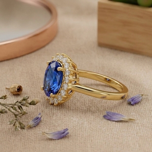 Anillo de compromiso de lujo con halo de zafiro azul ovalado, oro de 14 quilates, diamantes, estilo vintage, anillo nupcial para mujer - Product Image 2