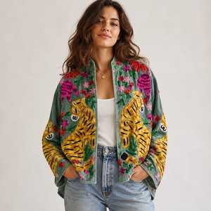 Exceptional Artistry Tiger Embroidered <b>Velvet</b> Jacket Suzani Boho <b>Coat</b> Truly Special Handmade <b>Women</b> Statement Outerwear - Product Image 1