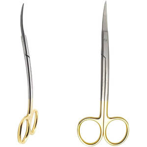 Tijeras AHI LaGrange TC de 4.5 Pulgadas, Doble Curvatura, Mango Chapado en Oro, con Inserciones de Carburo de Tungsteno para Odontología, Otorrinolaringología, Oftalmología y Dermatología - Product Image 1