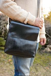 Genuine Leather Crossbody <b>Bag</b> Alligator Pattern Zipper Closure Detachable Strap Vintage Style Unisex Daily Use Brown/<b>Black</b> - Product Image 3
