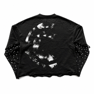 Camiseta de manga larga de doble capa con lavado ácido vintage personalizada, con pedrería, dobladillo sin rematar, efecto desgastado y bordado, talla grande - Product Image 2