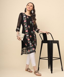 ชุดคุर्ติงานปักลายชิกันคารีแบบหรูหราสไตล์จอร์เจตต์ ลัคโนวี สำหรับงานเทศกาล ราคาขายส่ง เสื้อผ้าชาติพันธุ์ สีดำ - Product Image 1