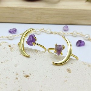 925 Sterling Silver Raw Amethyst <b>Moon</b> <b>Ring</b> Natural Rough Crystal Prong Set Certified Gold Vermeil Handmade Boho Gemstone <b>Ring</b> - Product Image 5