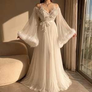 Camisón de Encaje Transparente Color Marfil para Mujer, Elegante Ropa de Dormir con Mangas de Plumas, Lencería Romántica para Luna de Miel - Product Image 4