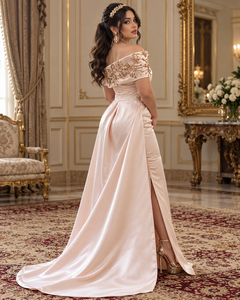 Mishkat Couture Moroccan Caftan <b>Champagne</b> Gold Silk Hand-Embroidered <b>Long</b> Bell Elegant Evening Gown Beaded Neckline Embellished - Product Image 5