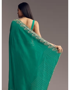 KV Women's <b>Green</b> <b>Silk</b> Viscose Traditional Organza Embellished Designer Saree with Unstitched Blouse for Party Occasions - Product Image 6