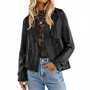 Chaqueta de moto de cuero PU negra para mujer, con doble botonadura, cuello vuelto, manga larga, para otoño - Product Image 1